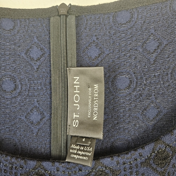 St John Jacquard Knit Black Navy Dress Half sleeve Scoop Neck Flare A Line 4 - Picture 4 of 7